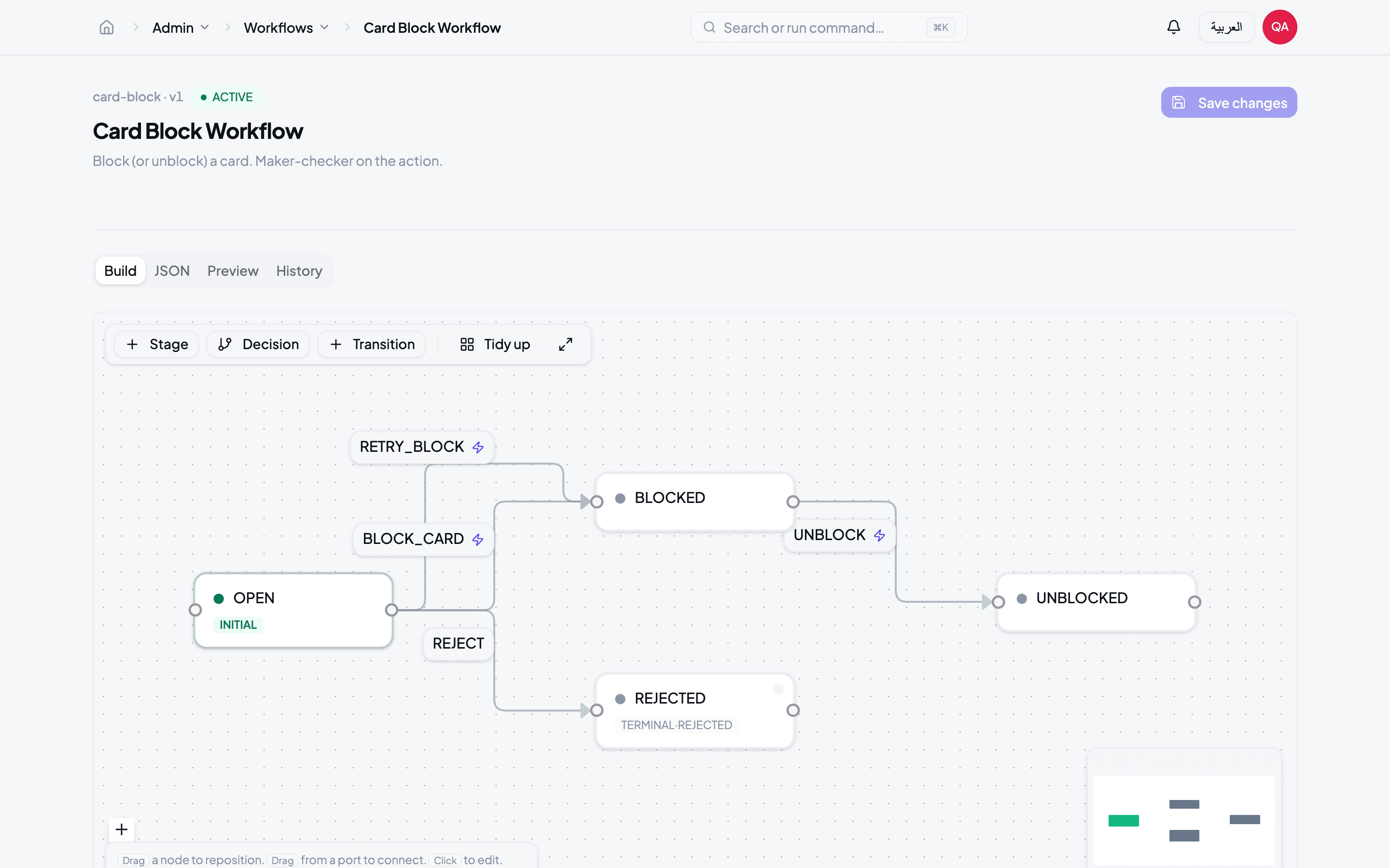 Visual workflow builder canvas with states and transitions